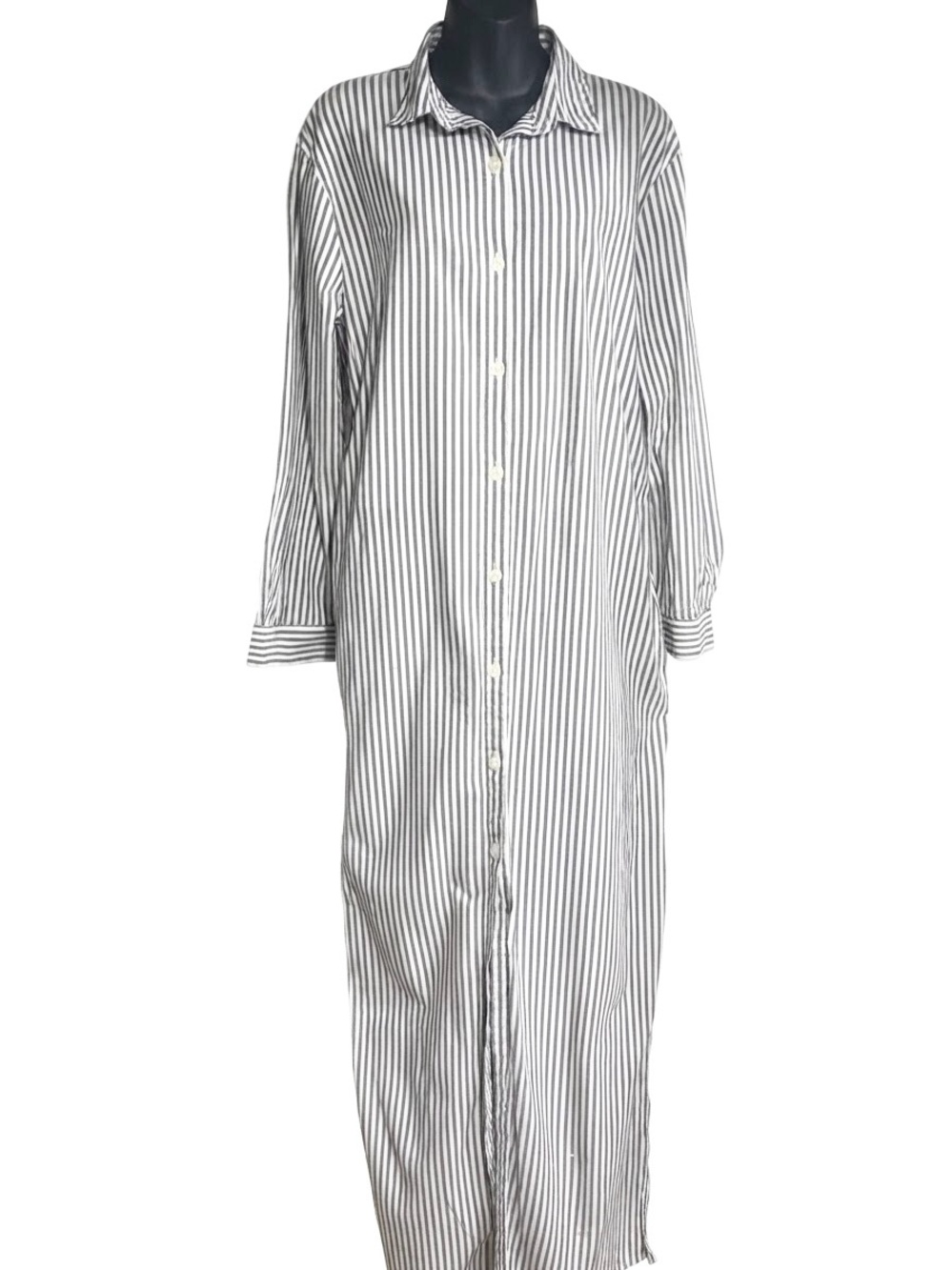 a LOFT black and white vertical stripe maxi shirt dress large d2